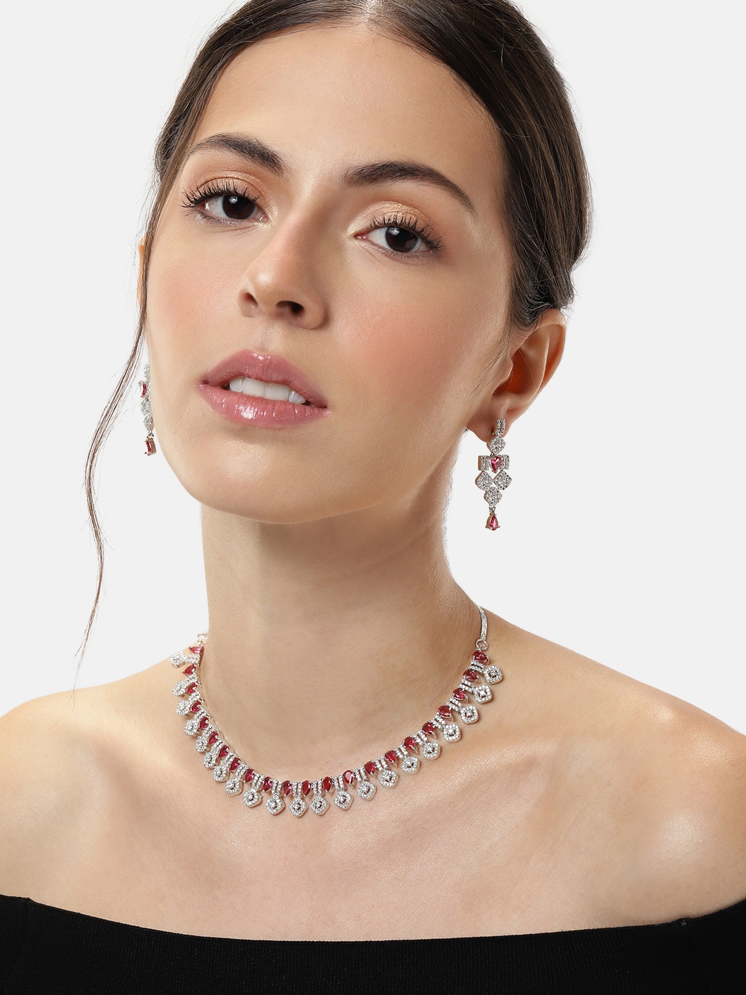 

ABDESIGNS Silver-Plated American Diamond Jewellery Set