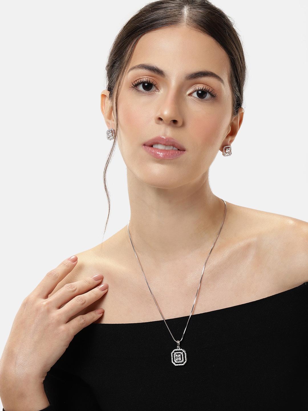 

ABDESIGNS Silver-Plated American Diamond Jewellery Set