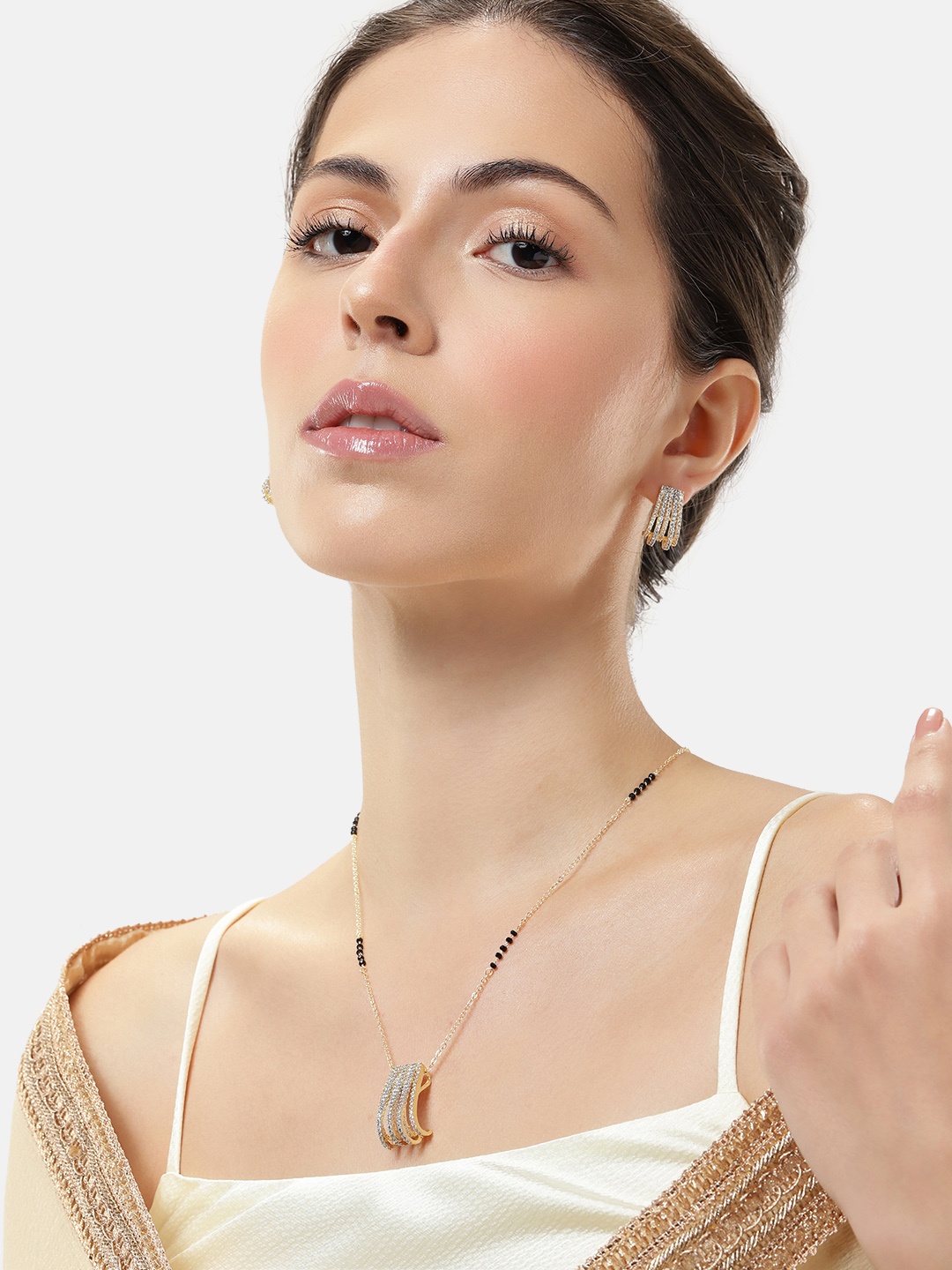 

ABDESIGNS Gold-Plated Artificial Stones & Beads Mangalsutra with Earrings