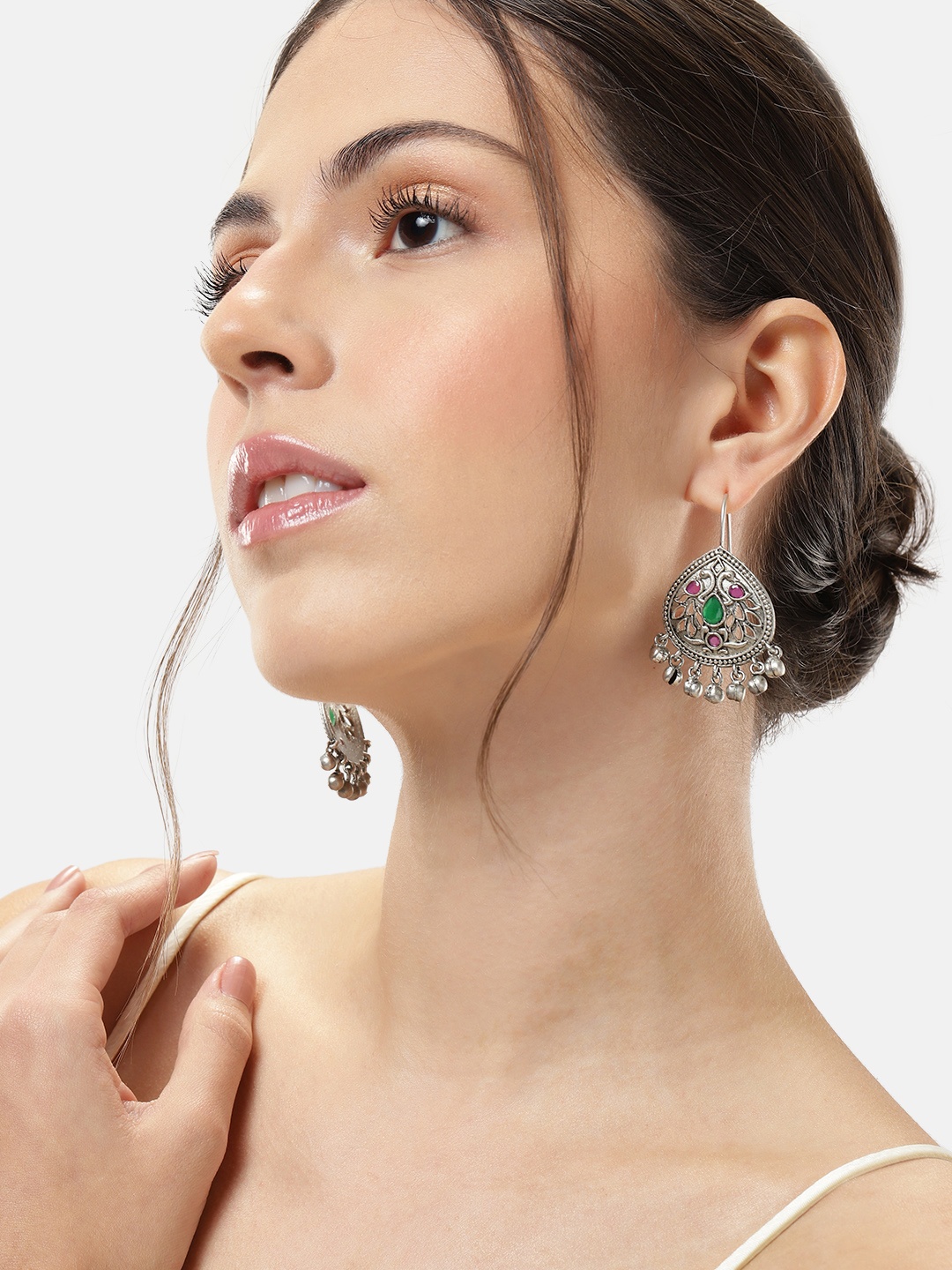 

ABDESIGNS Classic Silver-Plated Artificial Stones & Beads Studded Drop Earrings