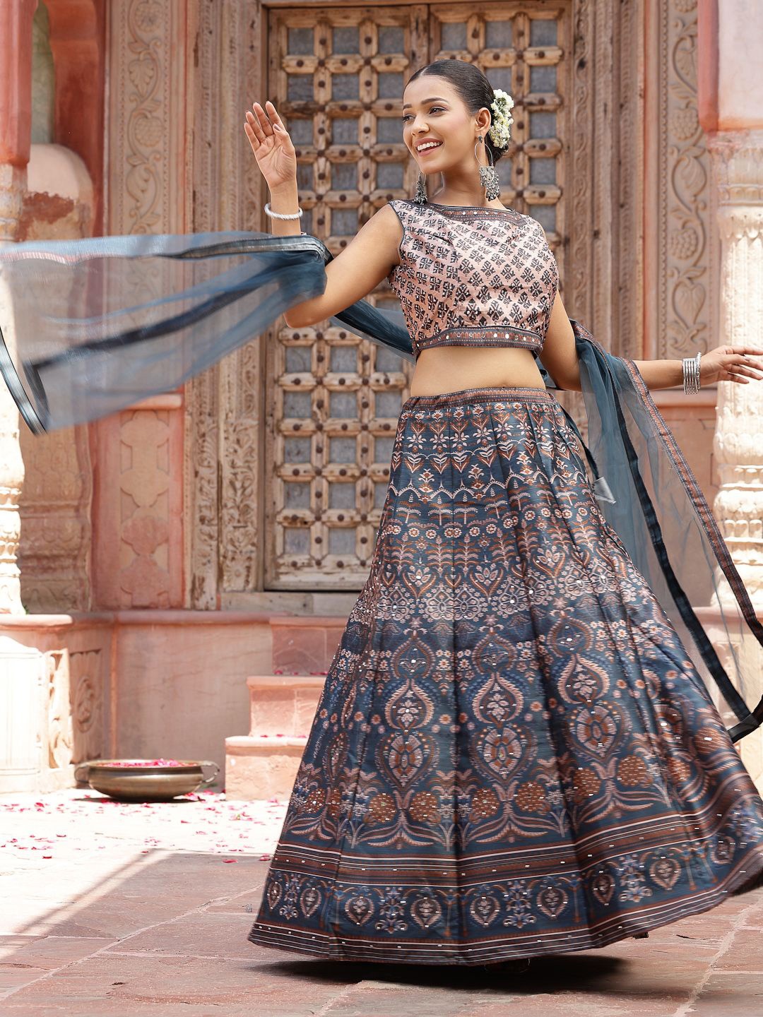 

Stylum Printed Mirror Work Ready to Wear Lehenga & Blouse With Dupatta, Grey