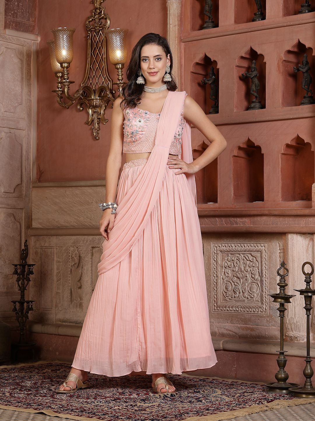 

Stylum Peach & Grey Embroidered Ready to Wear Lehenga & Blouse With Dupatta