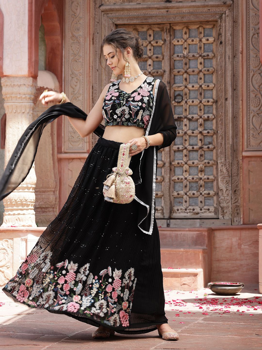 

Stylum V-Neck Embroidered Ready to Wear Lehenga & Blouse With Dupatta, Black
