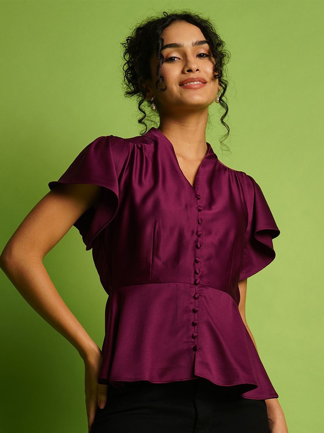 

Globus V-Neck Flutter Sleeves Peplum Party Top, Purple