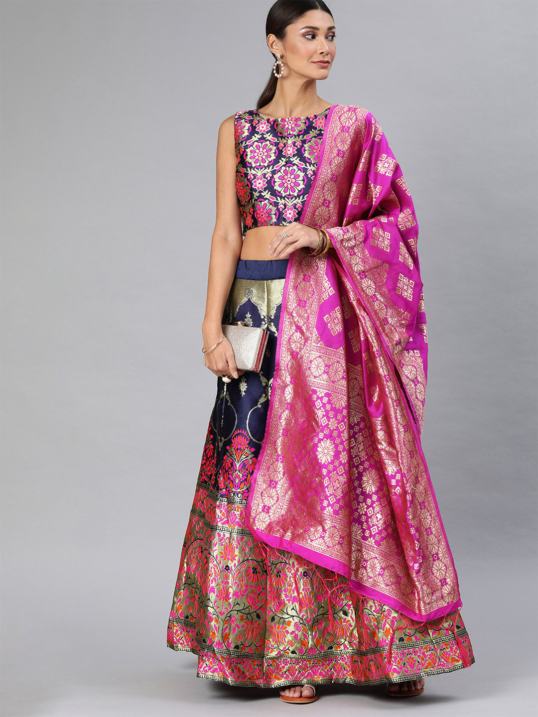 

MAGMINA Foil Print Semi-Stitched Lehenga & Unstitched Blouse With Dupatta, Blue