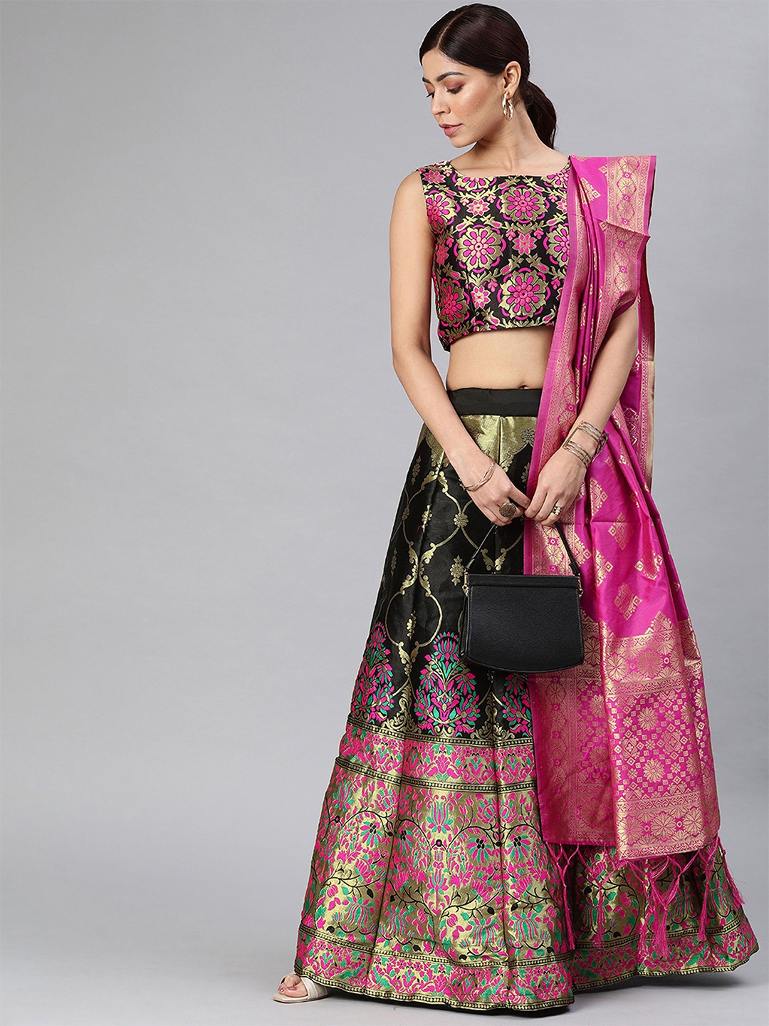 

MAGMINA Semi-Stitched Lehenga & Unstitched Blouse With Dupatta, Black