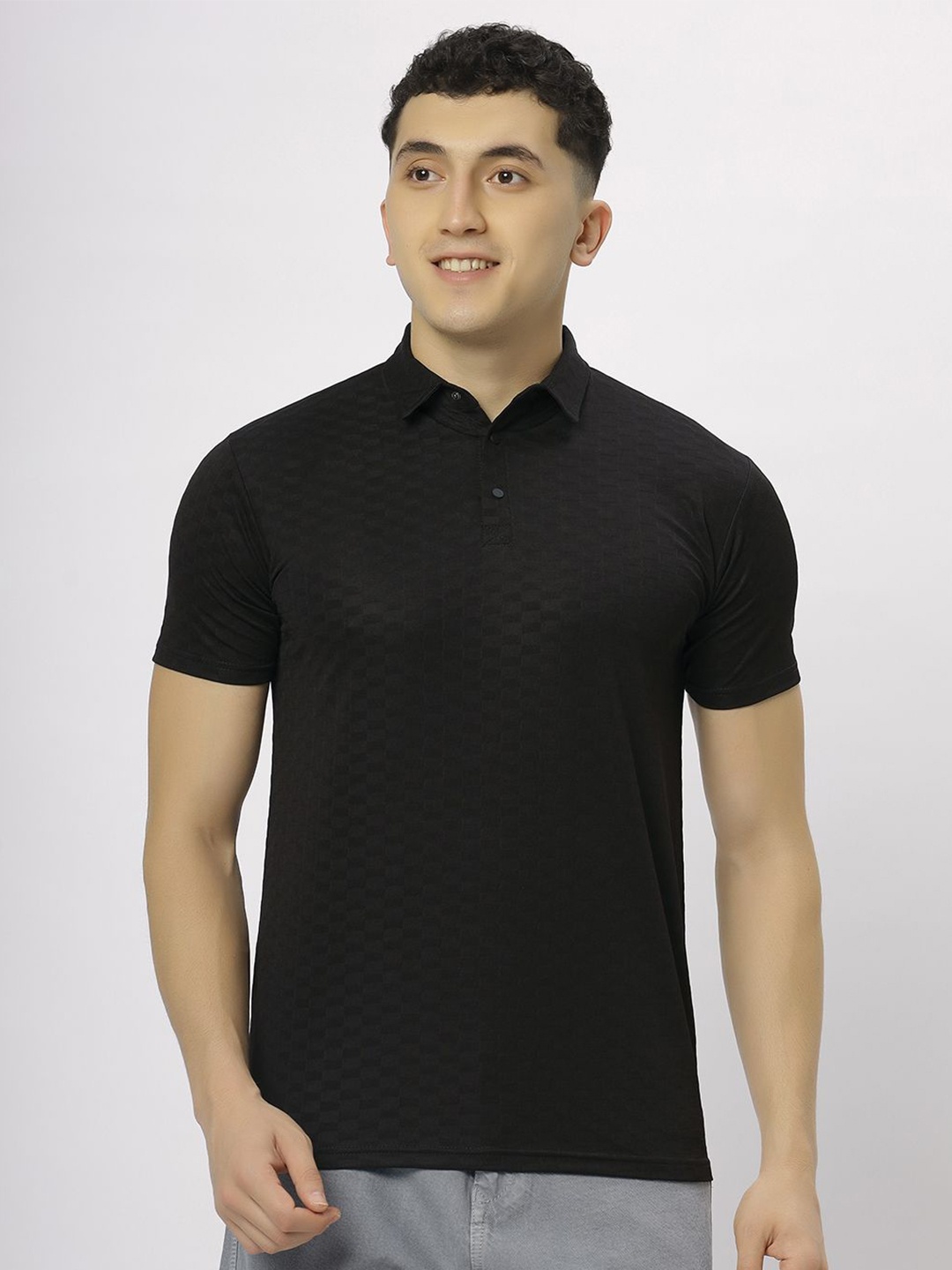 

N AND J Men Self Design Polo Collar T-shirt, Black