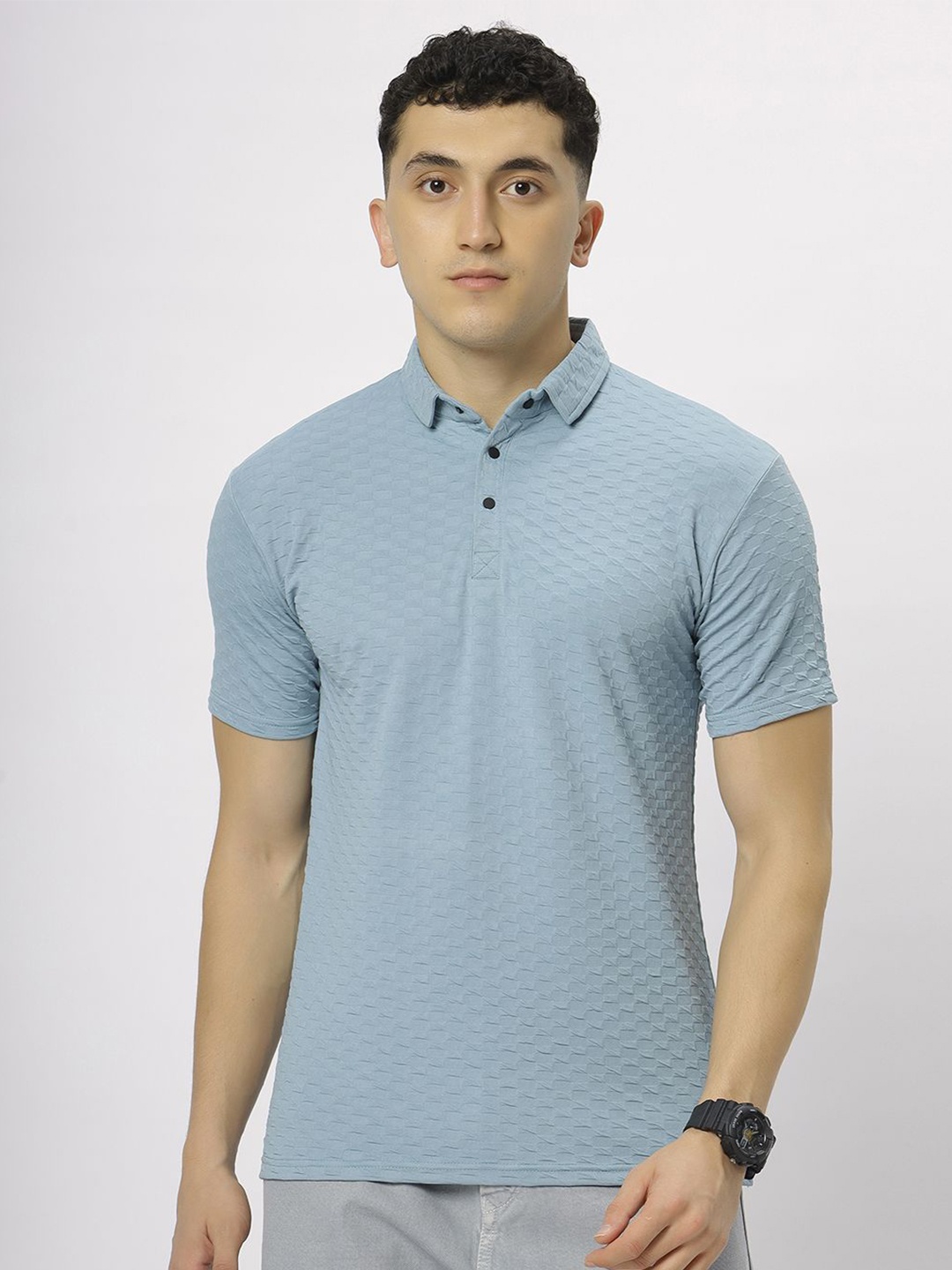 

N AND J Men Self Design Polo Collar T-shirt, Teal