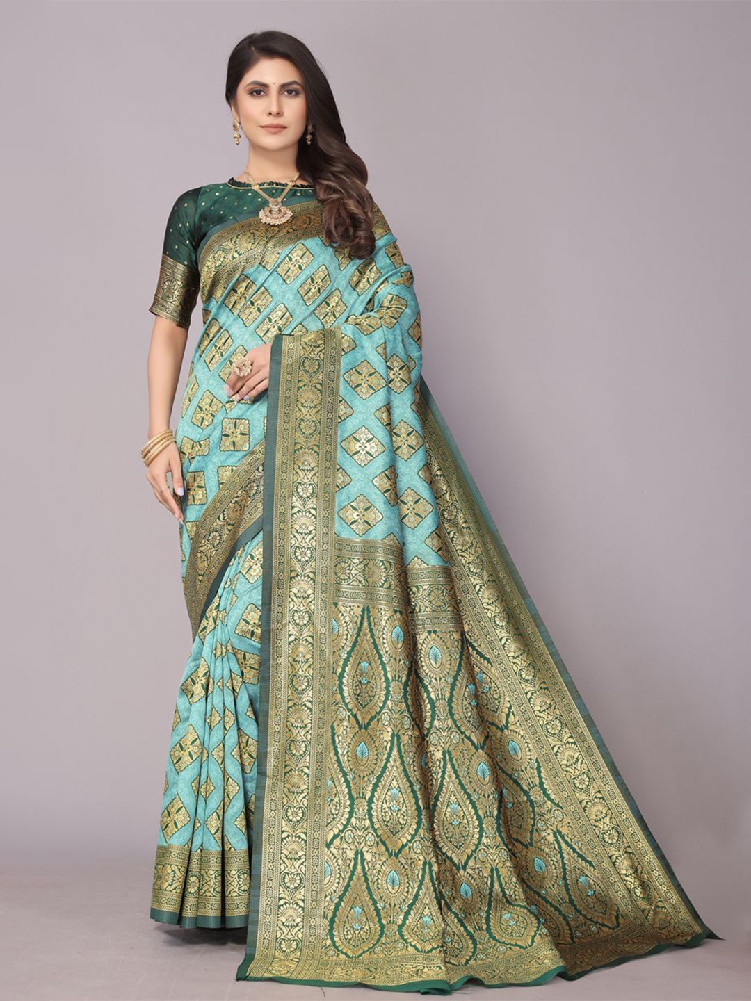 

PERFECT WEAR Ethnic Motifs Zari Patola Saree, Blue