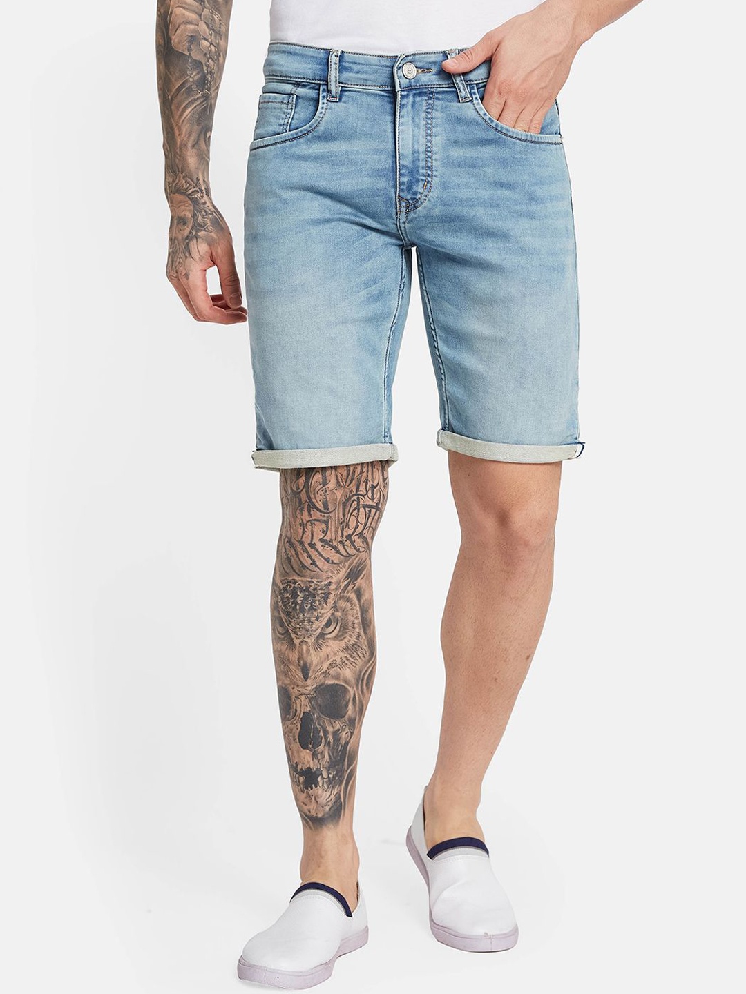 

Octave Men Mid-Rise Washed Denim Shorts, Blue