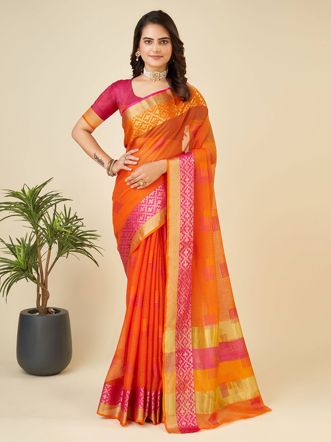 

HEER FASHION Striped Woven Design Zari Kota Saree, Orange