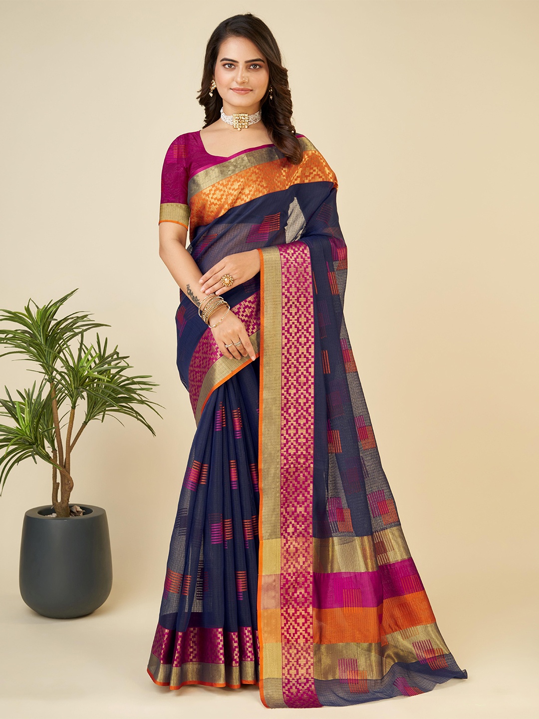

HEER FASHION Woven Design Zari Kota Saree, Navy blue