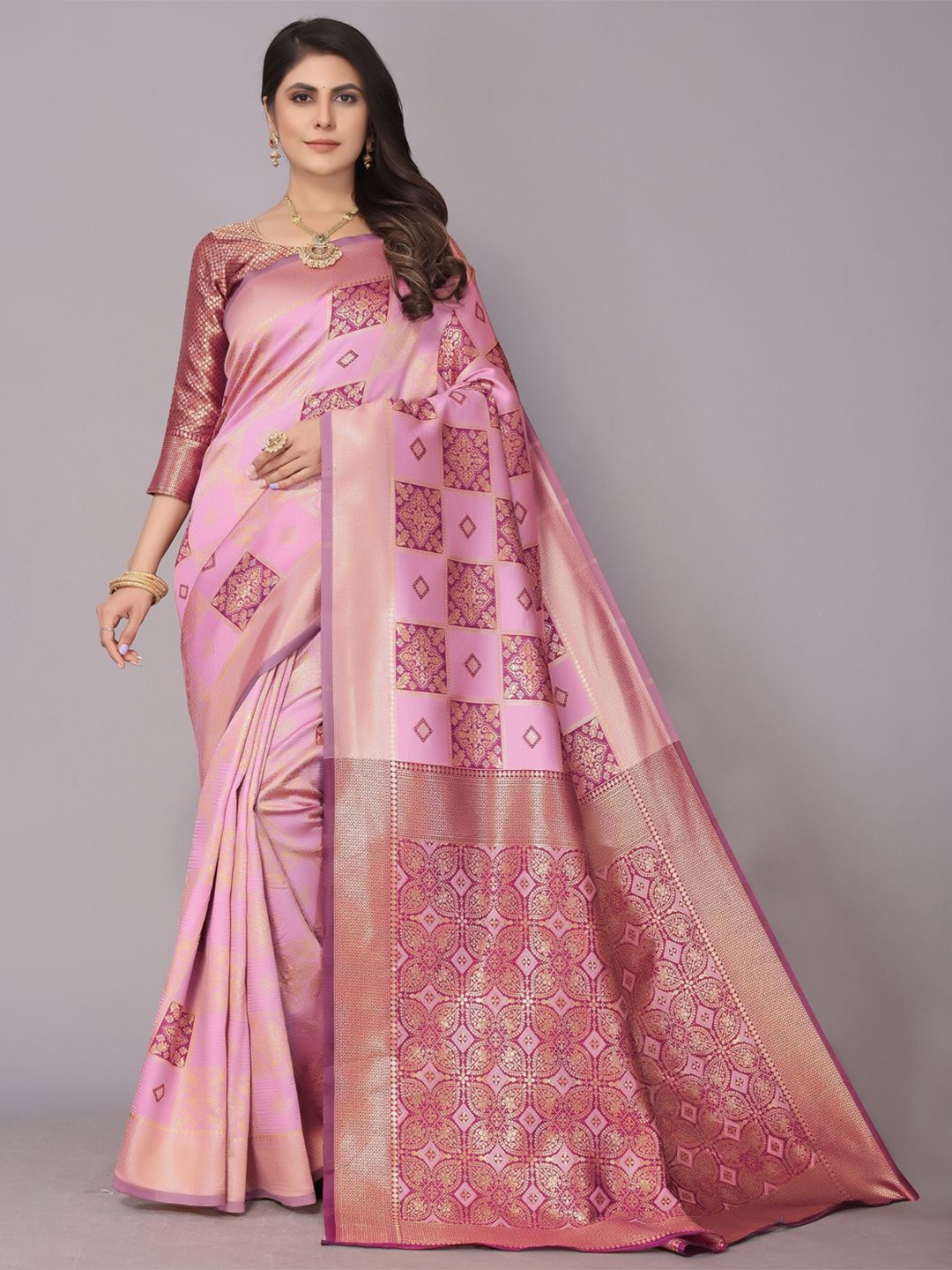 

PERFECT WEAR Woven Design Zari Patola Saree, Pink