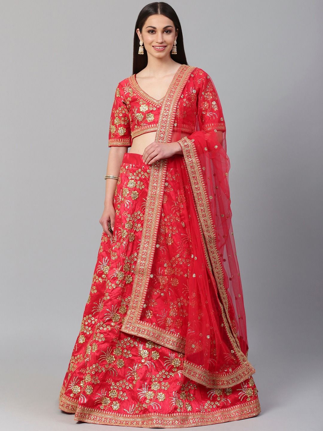 

Zeel Clothing Embroidered Semi-Stitched Lehenga & Unstitched Blouse With Dupatta, Red