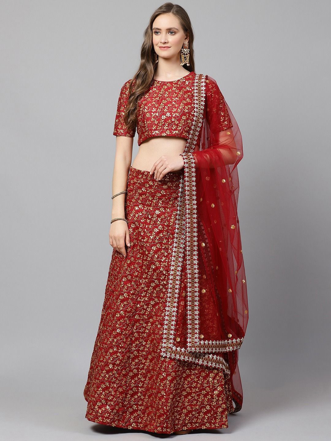 

Zeel Clothing Embroidered Sequinned Semi-Stitched Lehenga & Unstitched Blouse With Dupatta, Maroon