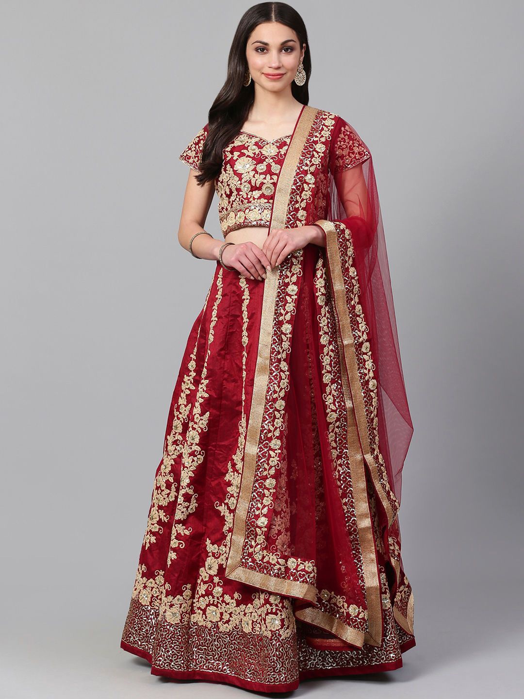 

Zeel Clothing Embroidered Sequinned Kalamkari Semi-Stitched Lehenga & Blouse With Dupatta, Maroon