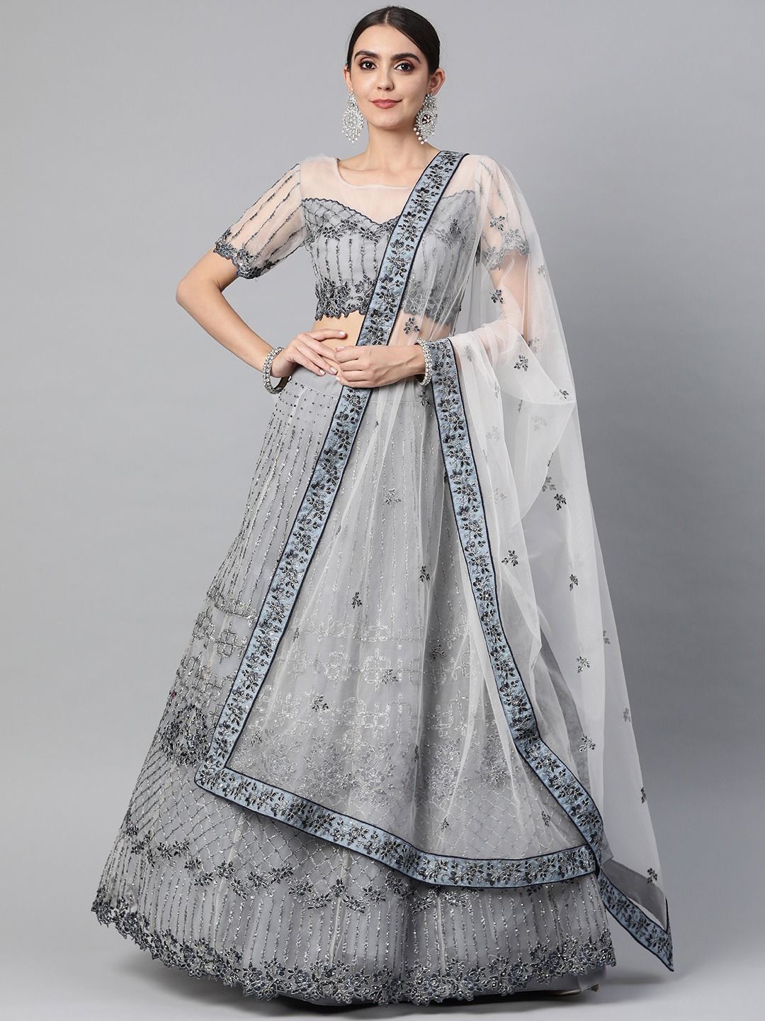 

Zeel Clothing Embroidered Sequinned Semi-Stitched Lehenga & Unstitched Blouse With Dupatta, Grey