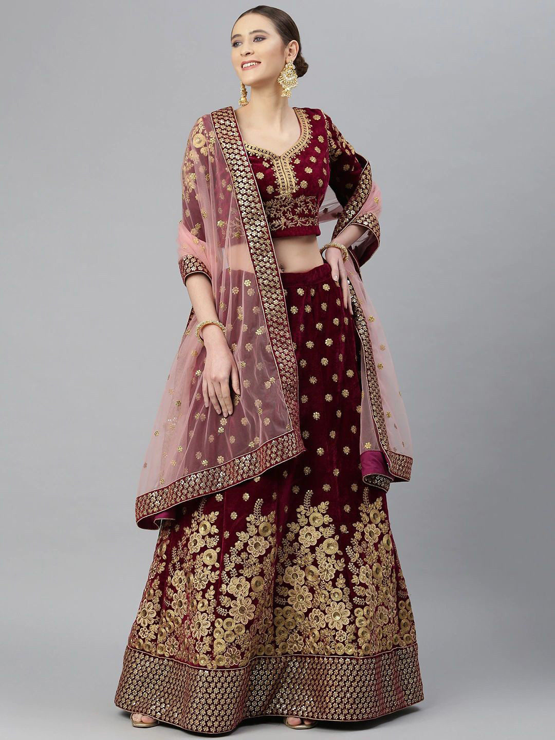 

Zeel Clothing Embroidered Velvet Semi Stitched Lehenga & Unstitched Blouse With Dupatta, Purple