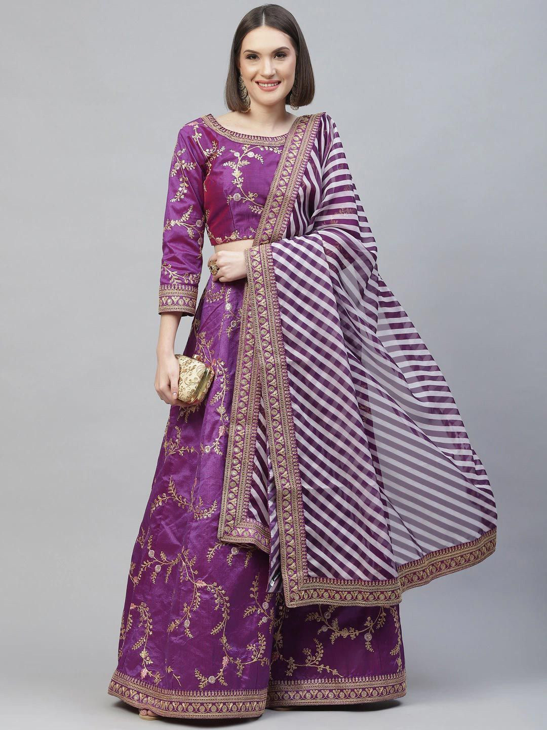 

Zeel Clothing Embroidered Silk Semi Stitched Lehenga & Unstitched Blouse With Dupatta, Purple