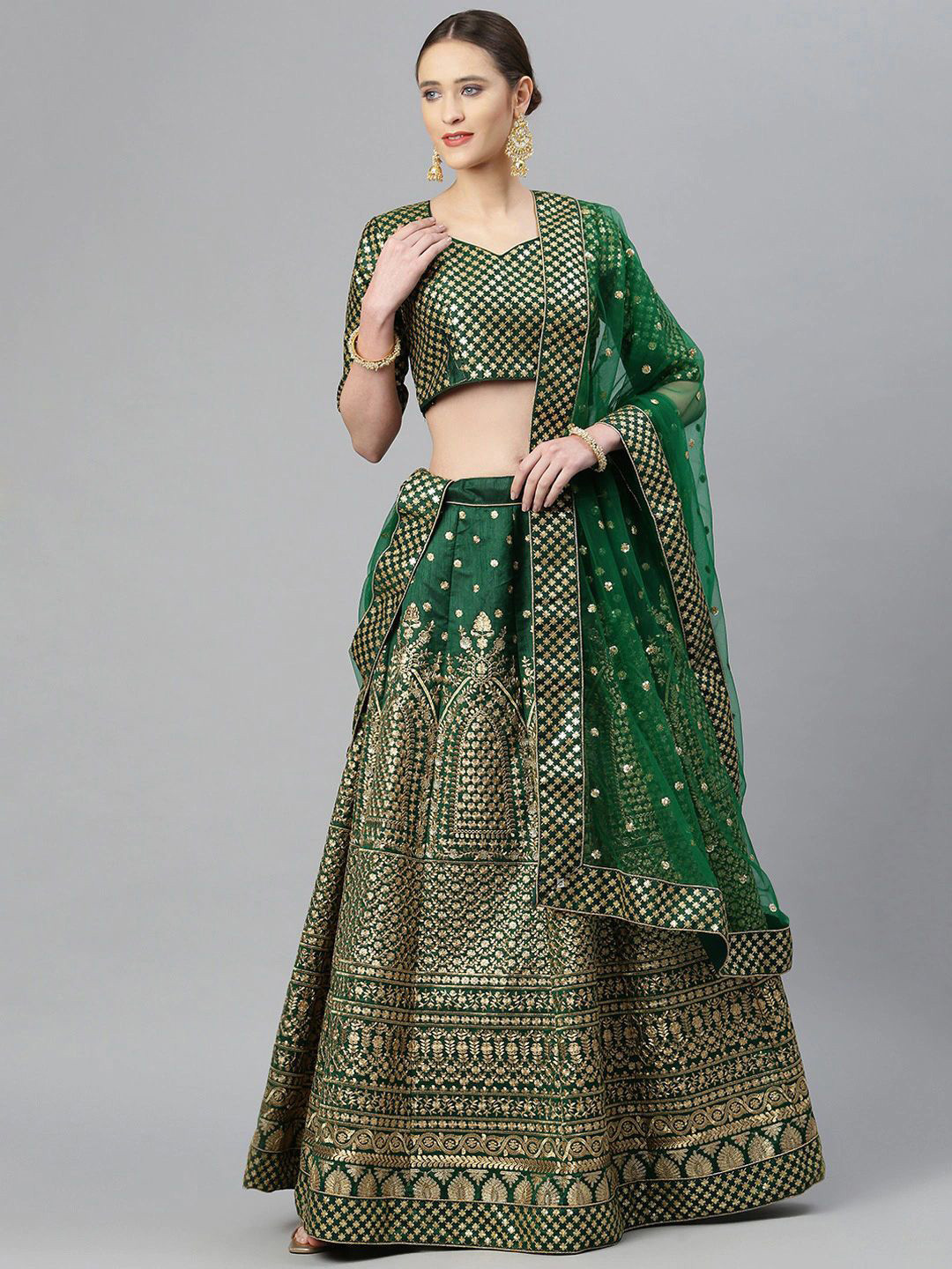 

Zeel Clothing Embroidered Raw Silk Semi Stitched Lehenga & Unstitched Blouse With Dupatta, Green