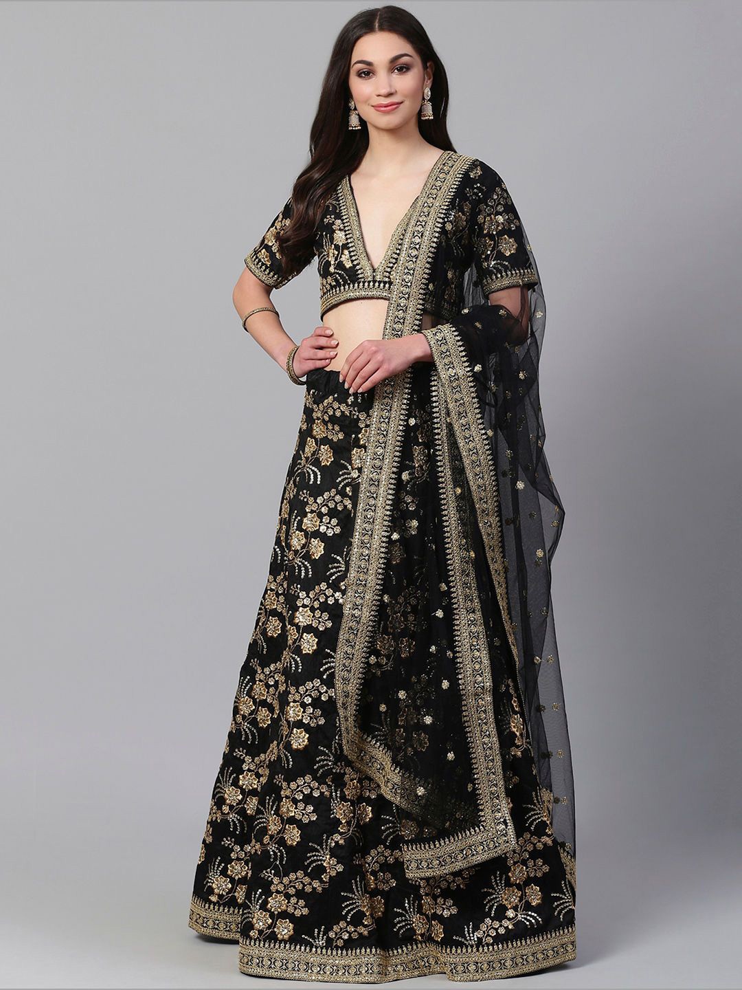 

Zeel Clothing Embroidered Silk Semi Stitched Lehenga & Unstitched Blouse With Dupatta, Black