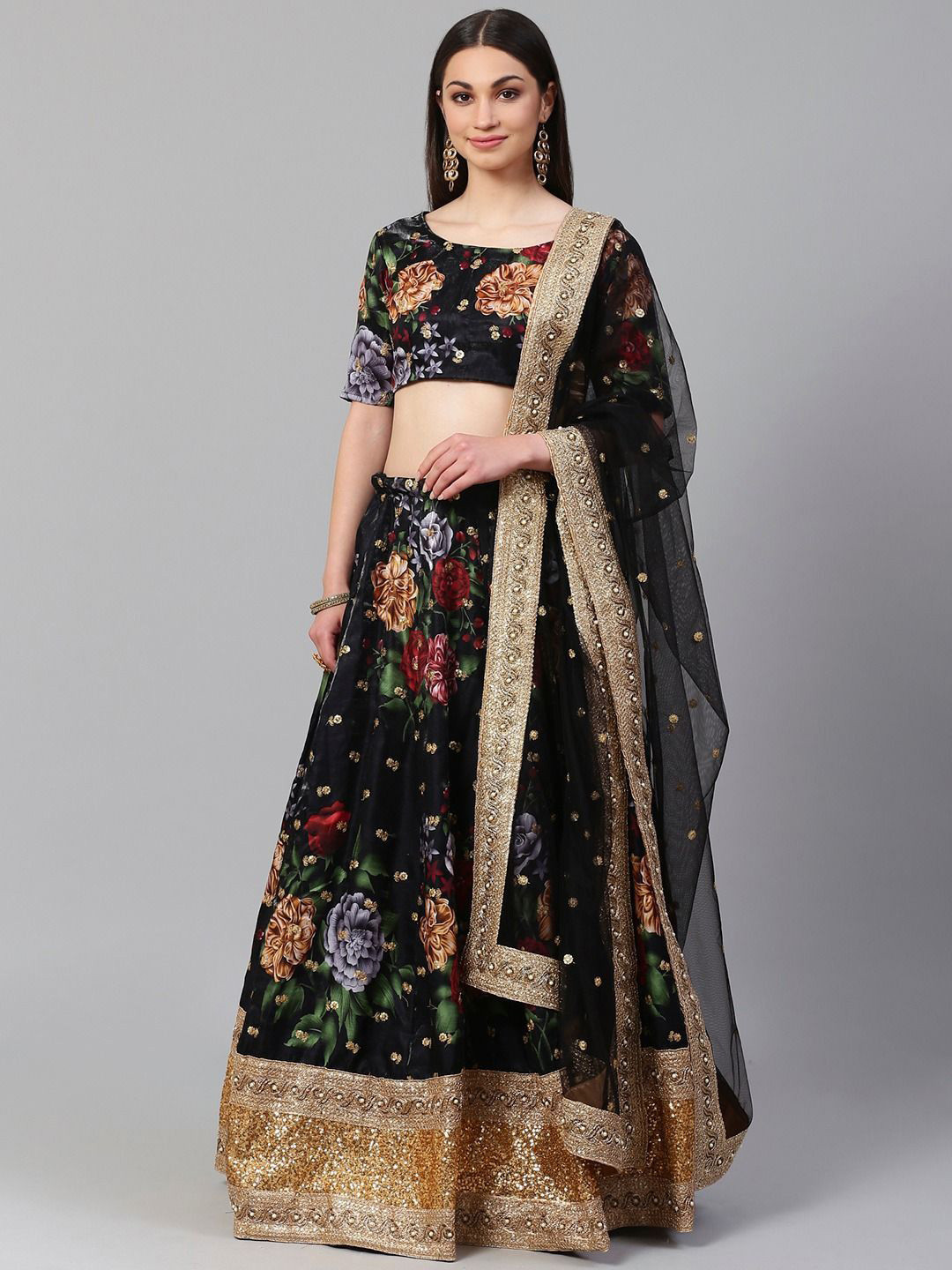 

Zeel Clothing Printed Silk Semi Stitched Lehenga & Unstitched Blouse With Dupatta, Black