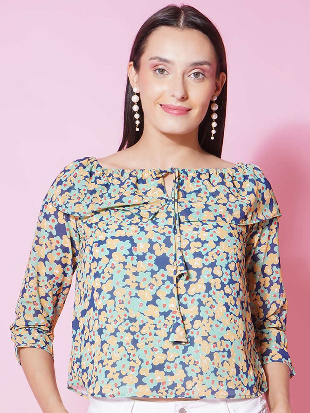 

BAESD Women Floral Print Chiffon Top, Turquoise blue