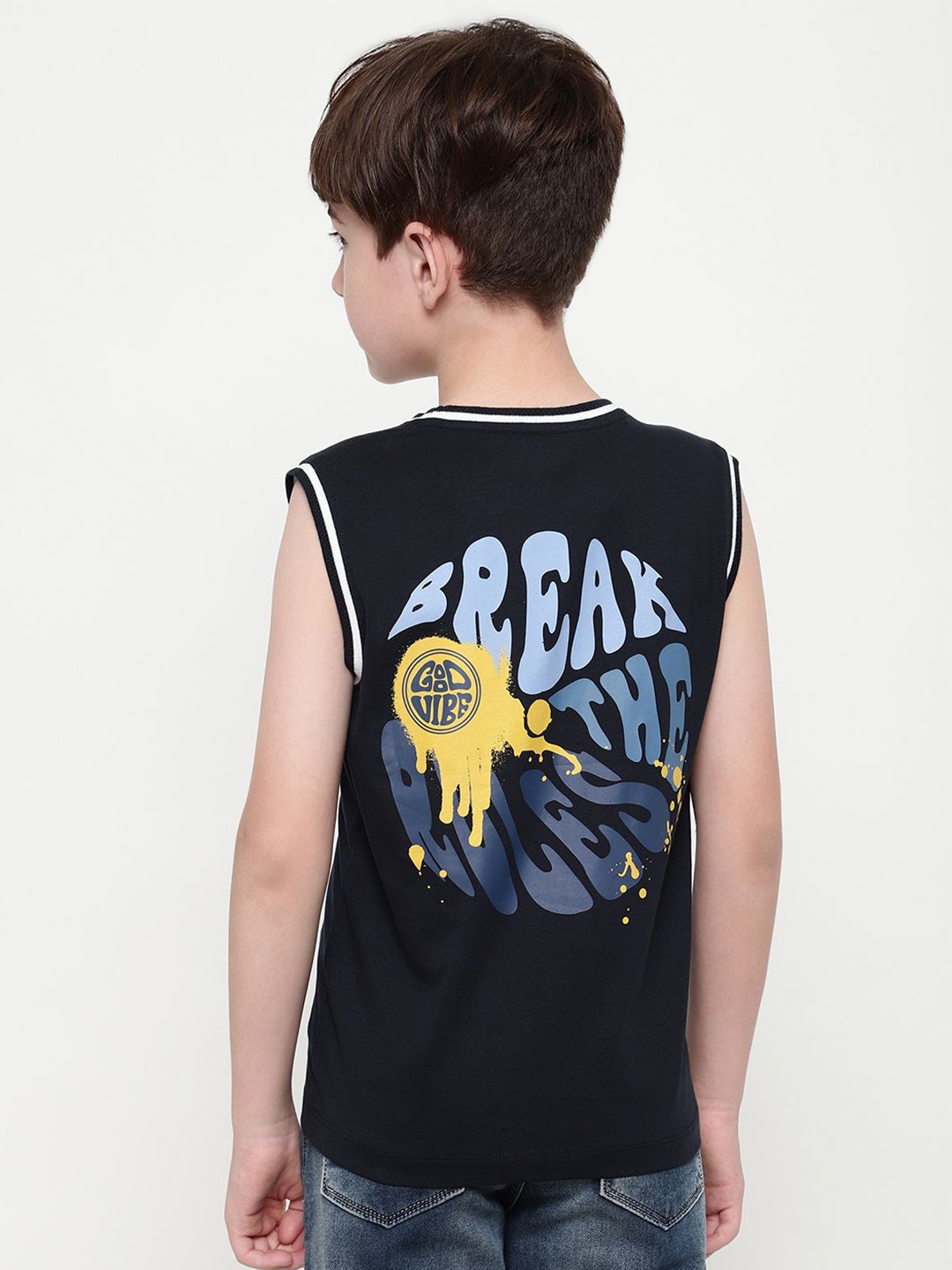 

Octave Boys Round Neck Graphic Printed Sleeveless T-shirt, Navy blue