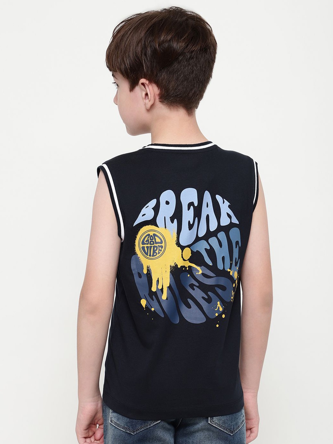 

Octave Boys Round Neck Graphic Printed Sleeveless T-shirt, Navy blue