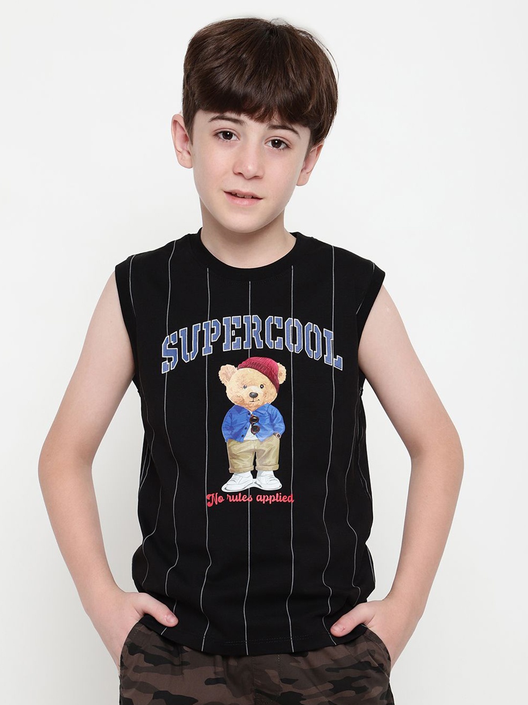 

Octave Boys Round Neck Graphic Printed Sleeveless T-shirt, Black