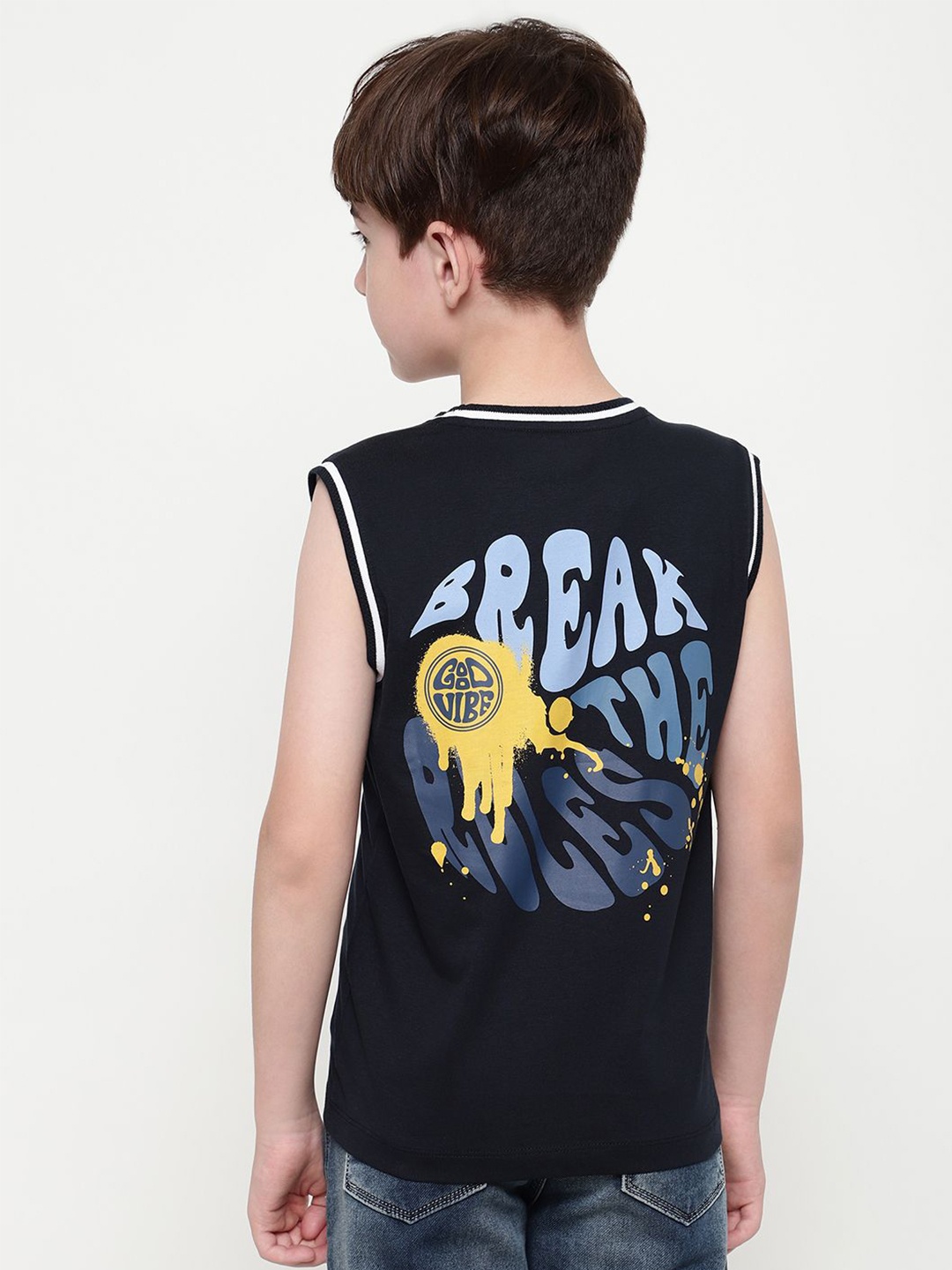 

Octave Boys Round Neck Graphic Printed Sleeveless T-shirt, Navy blue