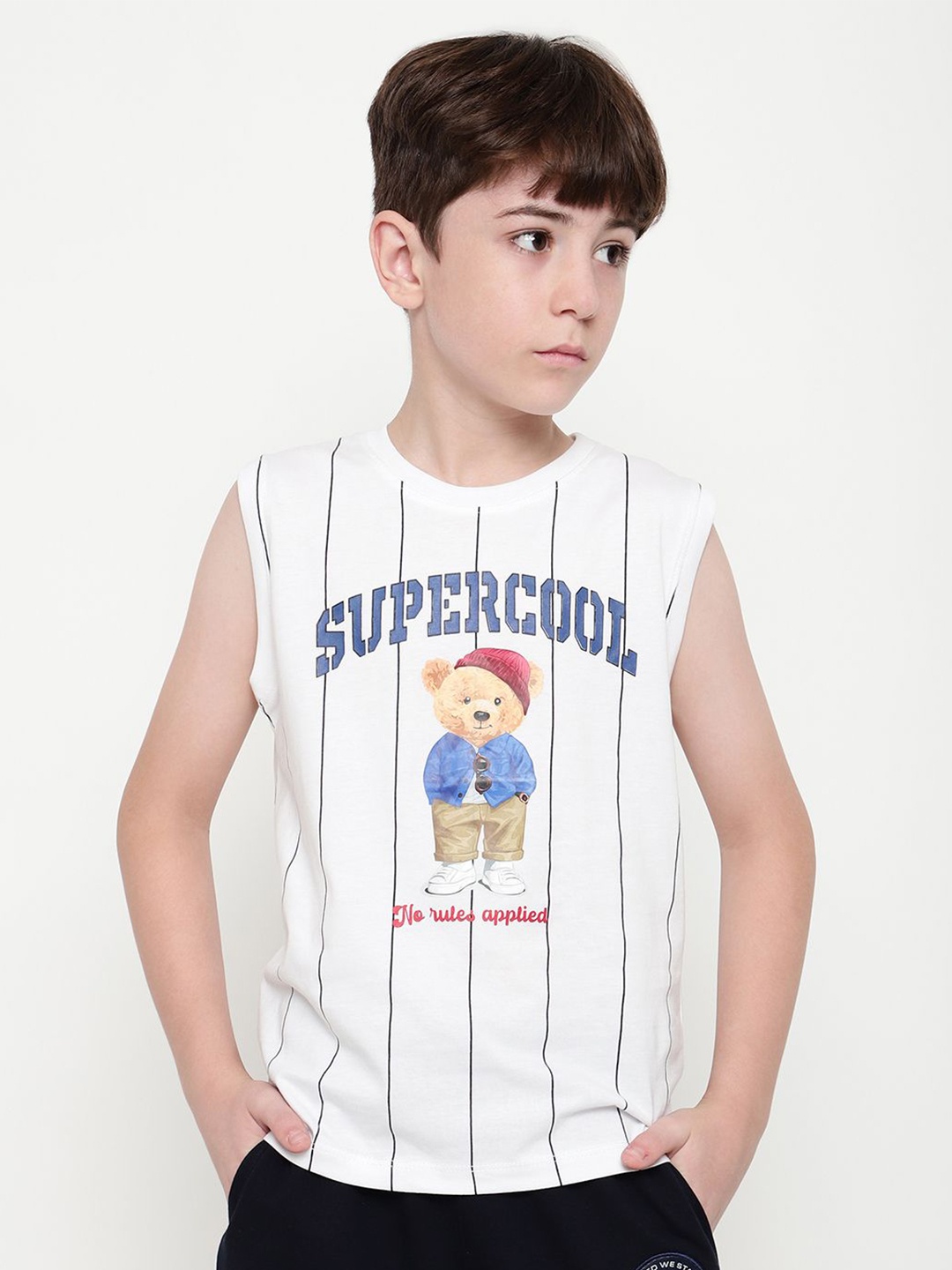 

Octave Boys Round Neck Graphic Printed Sleeveless T-shirt, White