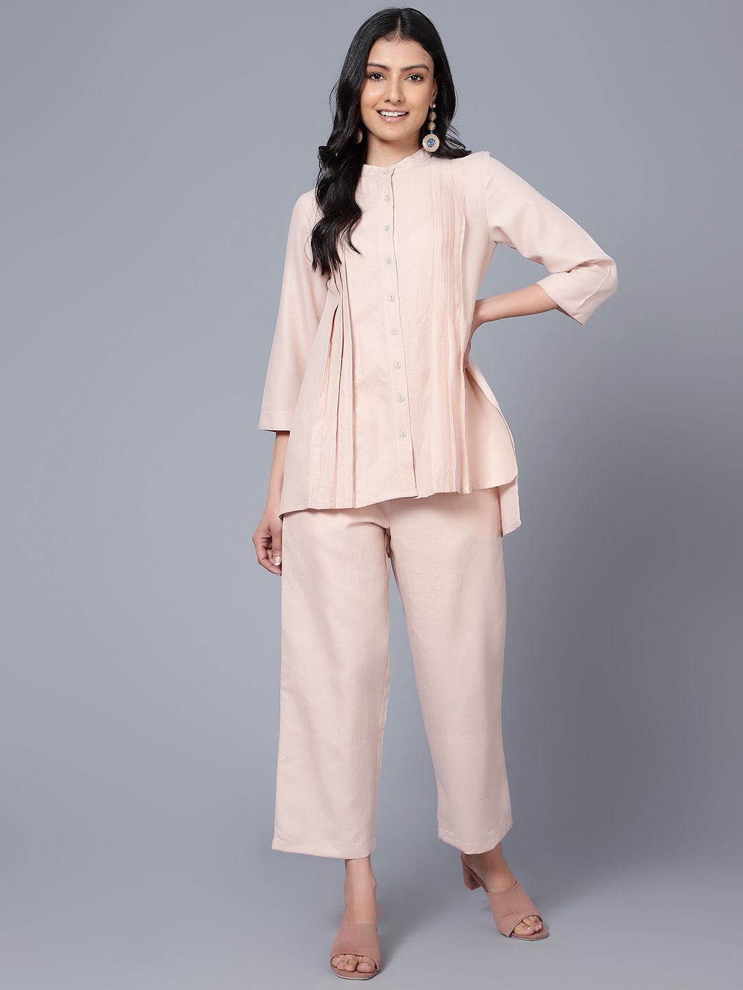 

Bani Women Mandarin Collar Tunic With Trousers, Beige