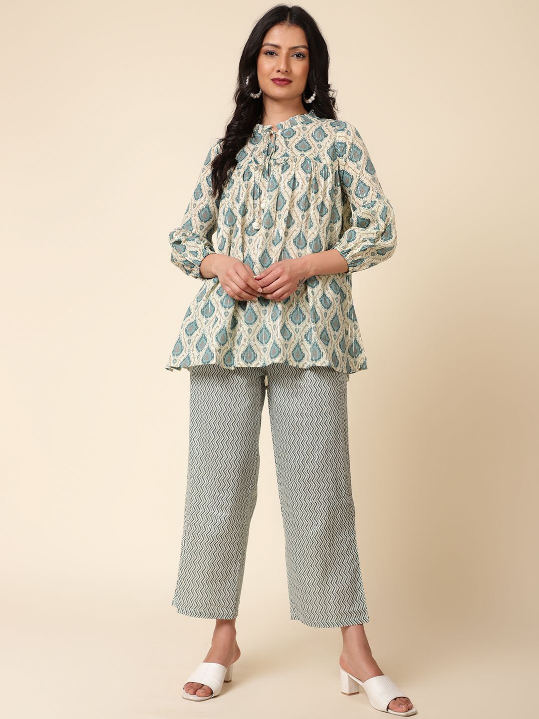 

Bani Women Ethnic Motifs Printed Mandarin Collar Tunic With Trousers, Teal