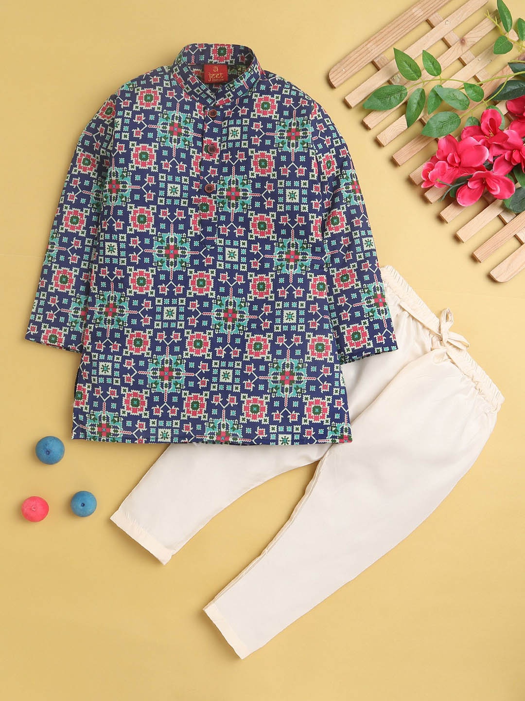 

Jeetethnics Boys Ethnic Motifs Printed Straight Kurta With Pyjama, Blue
