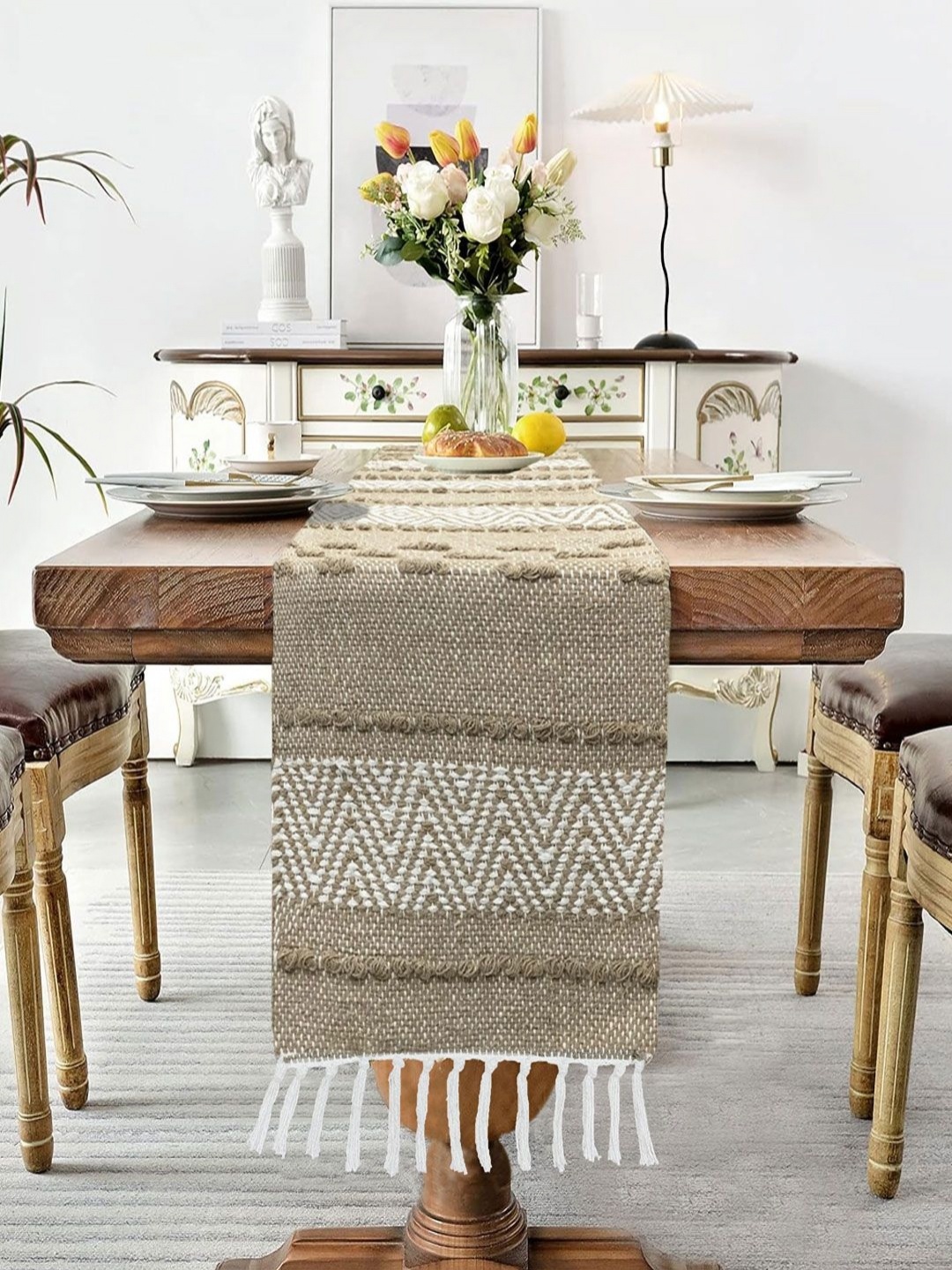 

LUXEHOME INTERNATIONAL Beige & White Geometric Pure Cotton Table Runner