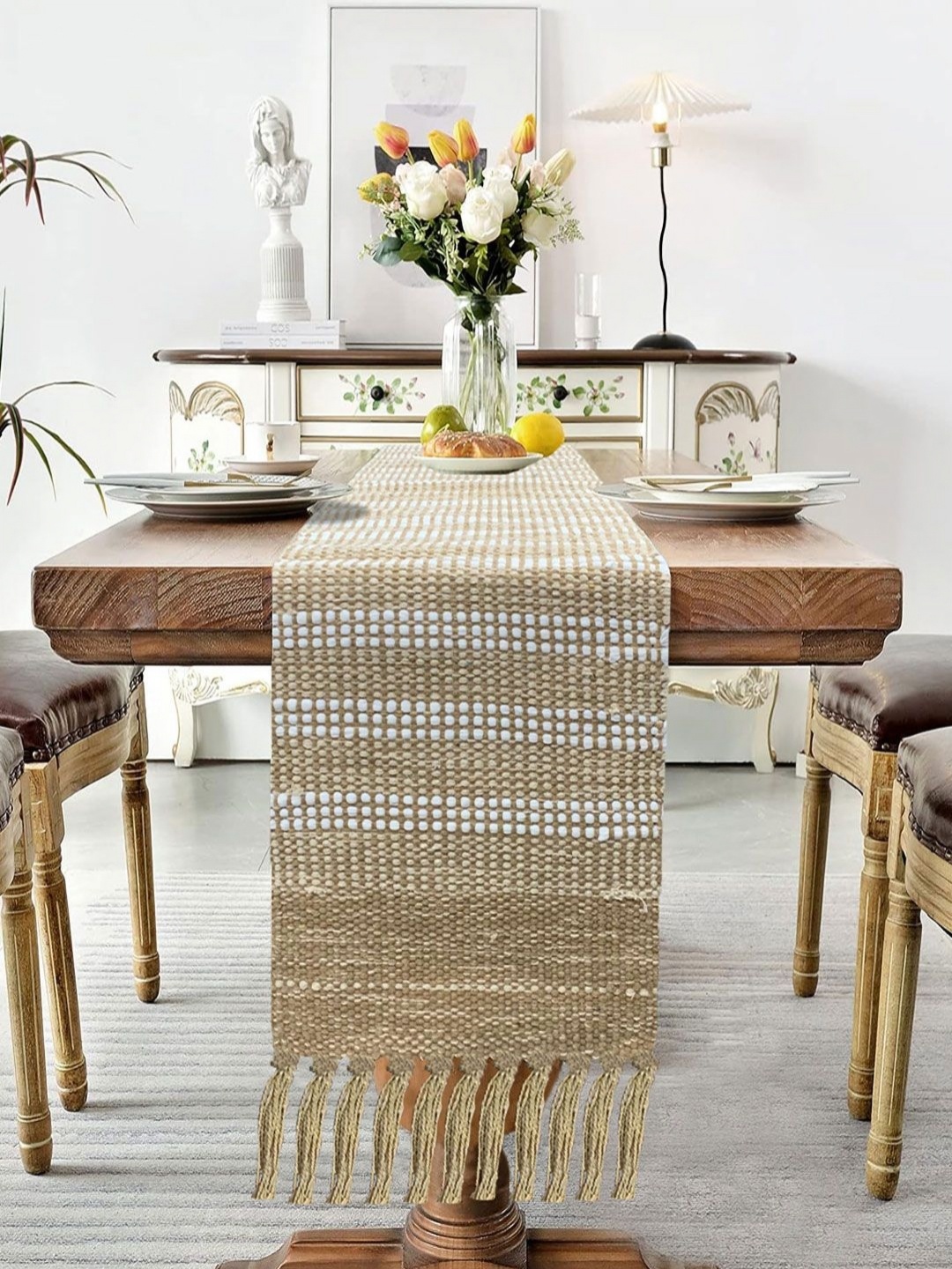 

LUXEHOME INTERNATIONAL Beige & White Striped Pure Cotton Table Runner