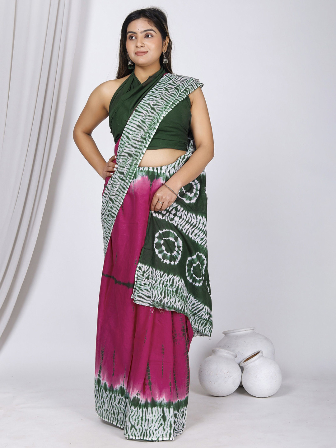 

JAIPURI PRINT Pure Cotton Bagru Saree, Green