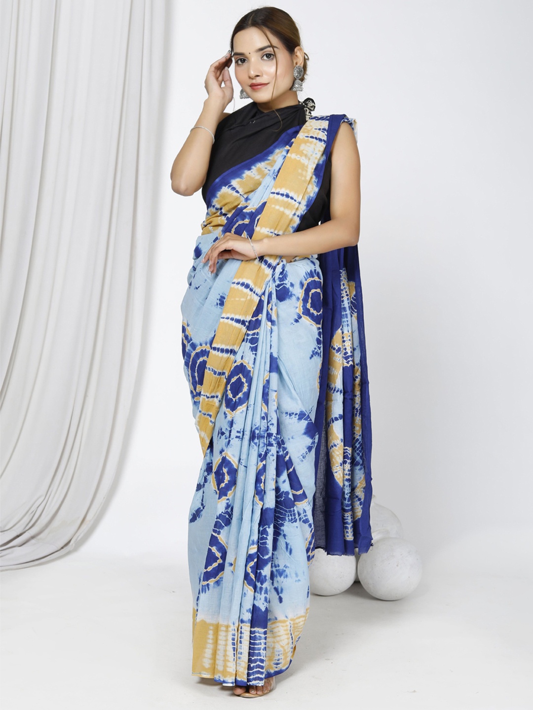 

JAIPURI PRINT Tie and Dye Pure Cotton Saree, Blue