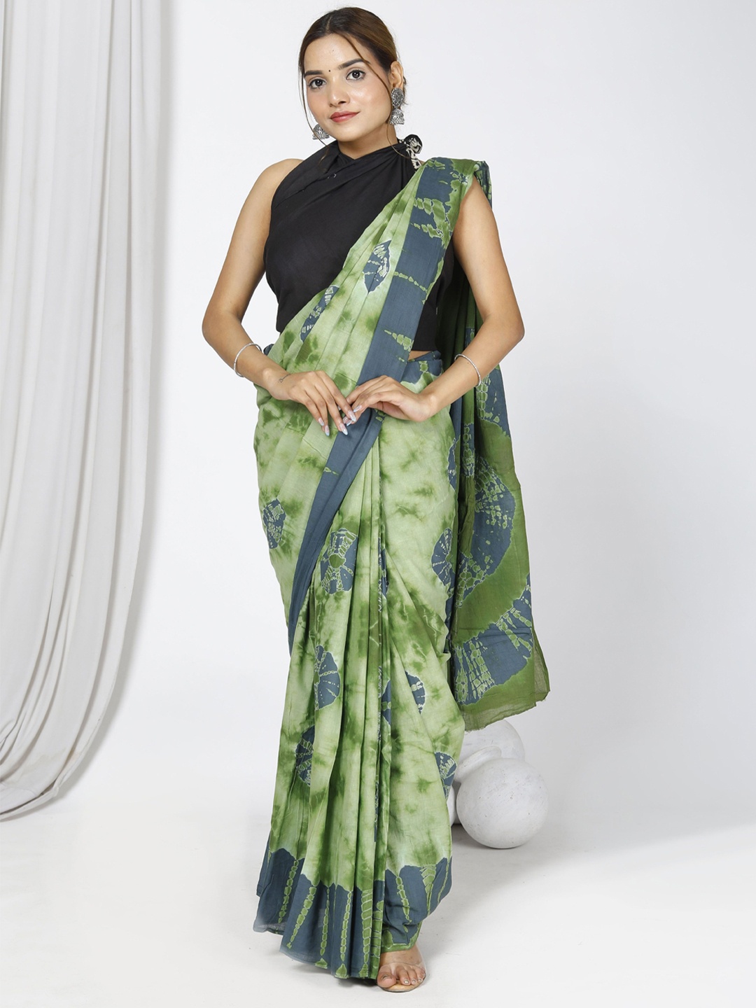 

JAIPURI PRINT Ombre Pure Cotton Bagru Saree, Green