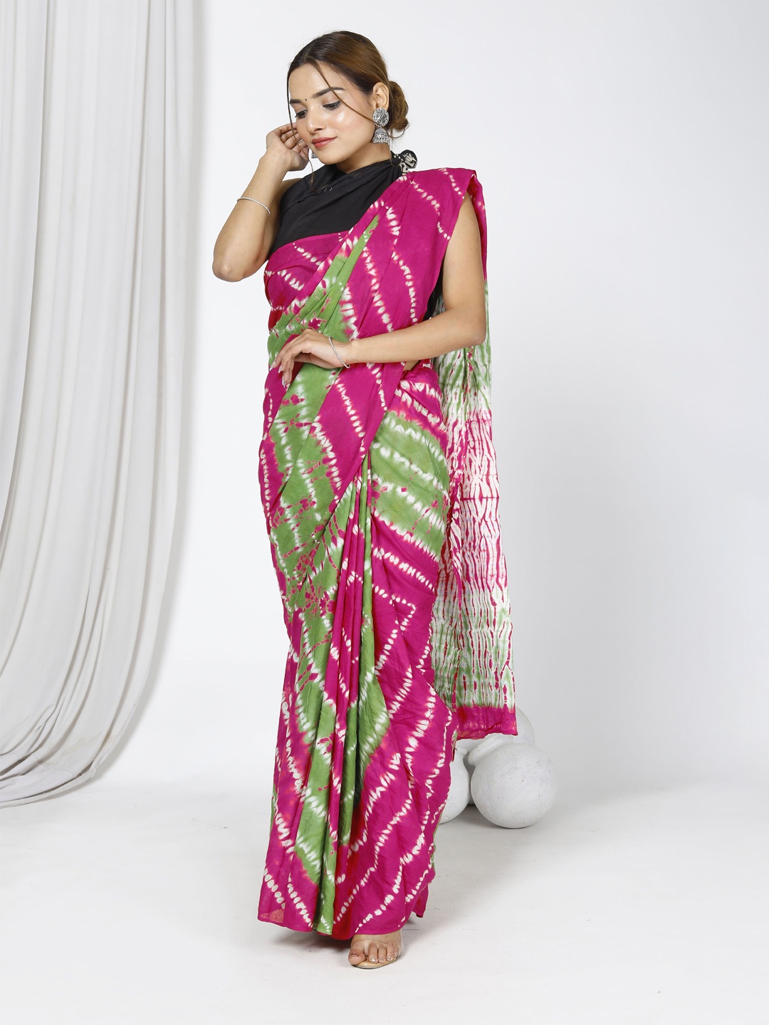 

JAIPURI PRINT Tie and Dye Pure Cotton Bagru Saree, Pink