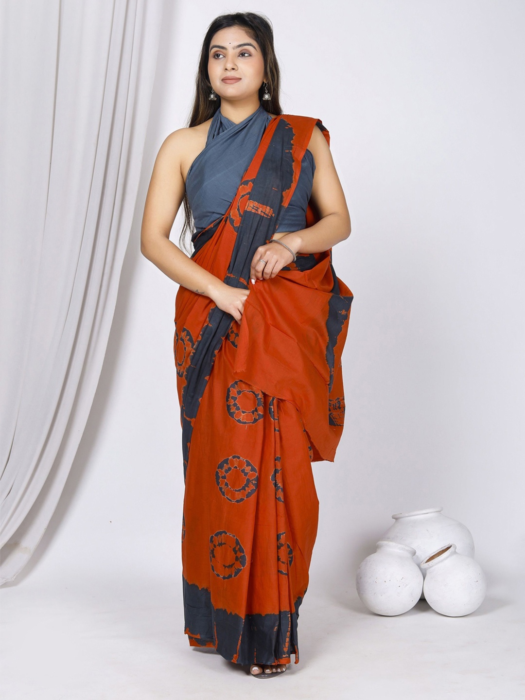 

JAIPURI PRINT Pure Cotton Bagru Saree, Rust