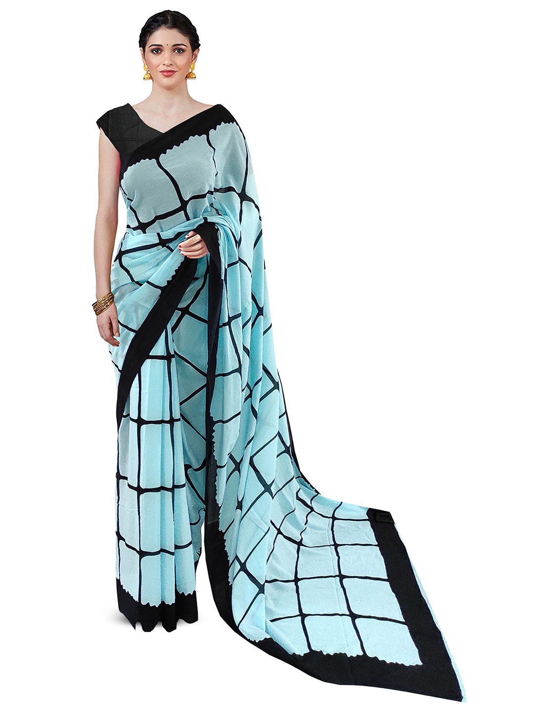 

JAIPURI PRINT Tie and Dye Pure Cotton Block Print Saree, Turquoise blue