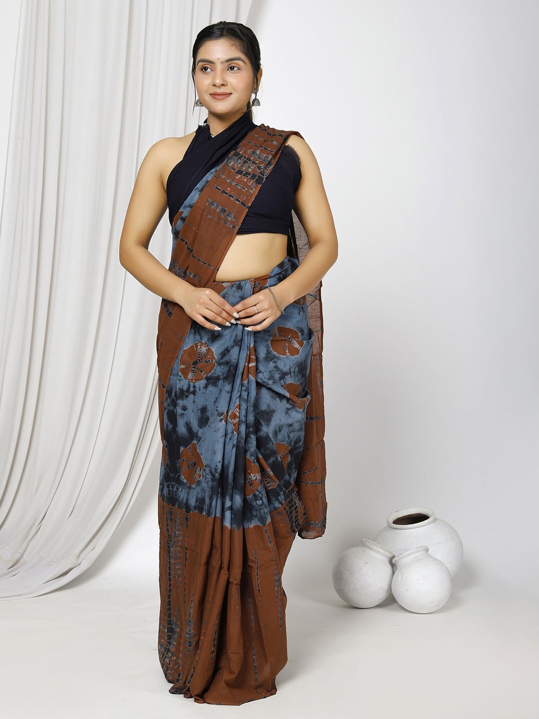 

JAIPURI PRINT Tie and Dye Pure Cotton Saree, Brown