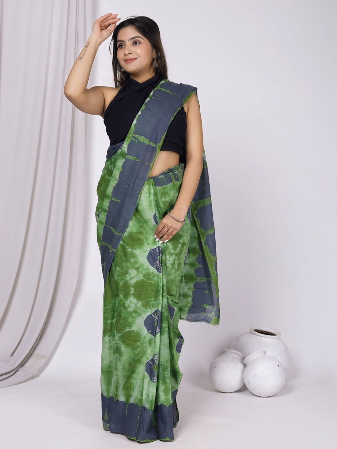 

JAIPURI PRINT Tie and Dye Pure Cotton Bagru Saree, Green