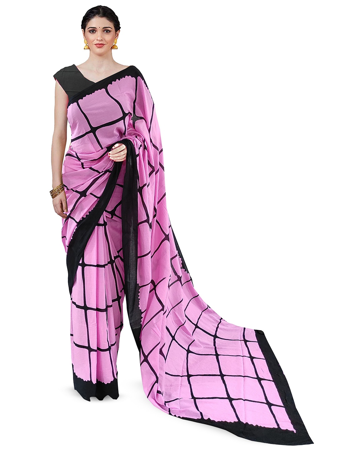 

JAIPURI PRINT Checked Pure Cotton Block Print Saree, Pink