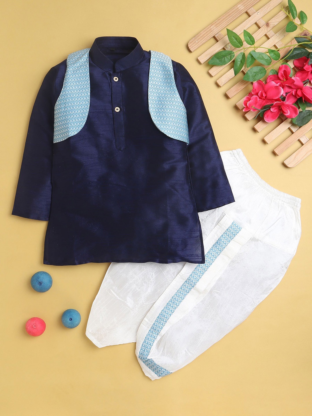 

Jeetethnics Boys Mandarin Collar Straight Kurta With Dhoti Pants & Jacket, Navy blue