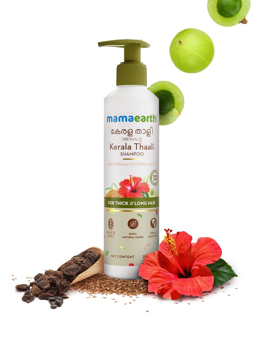 

Mamaearth Kerala Thaali Shampoo With Hibiscus Shikakai Amla & Flaxseeds - 250 ml, Green