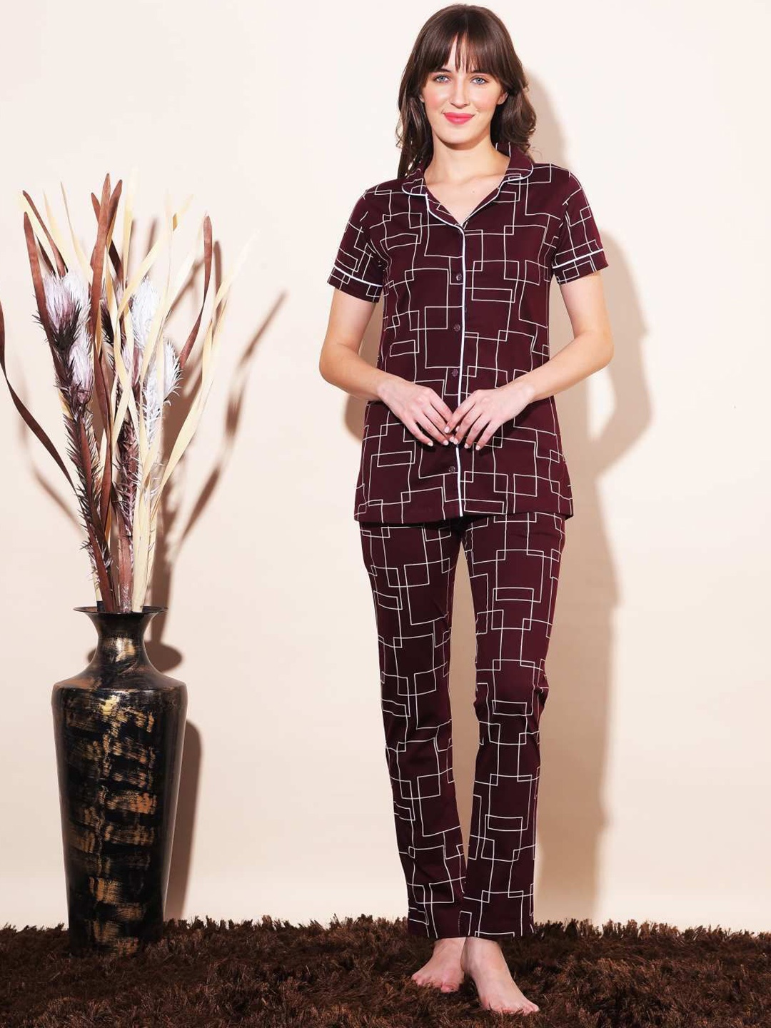 

Dollar Missy Geometric Printed Shirt & Trousers Night Suit, Maroon