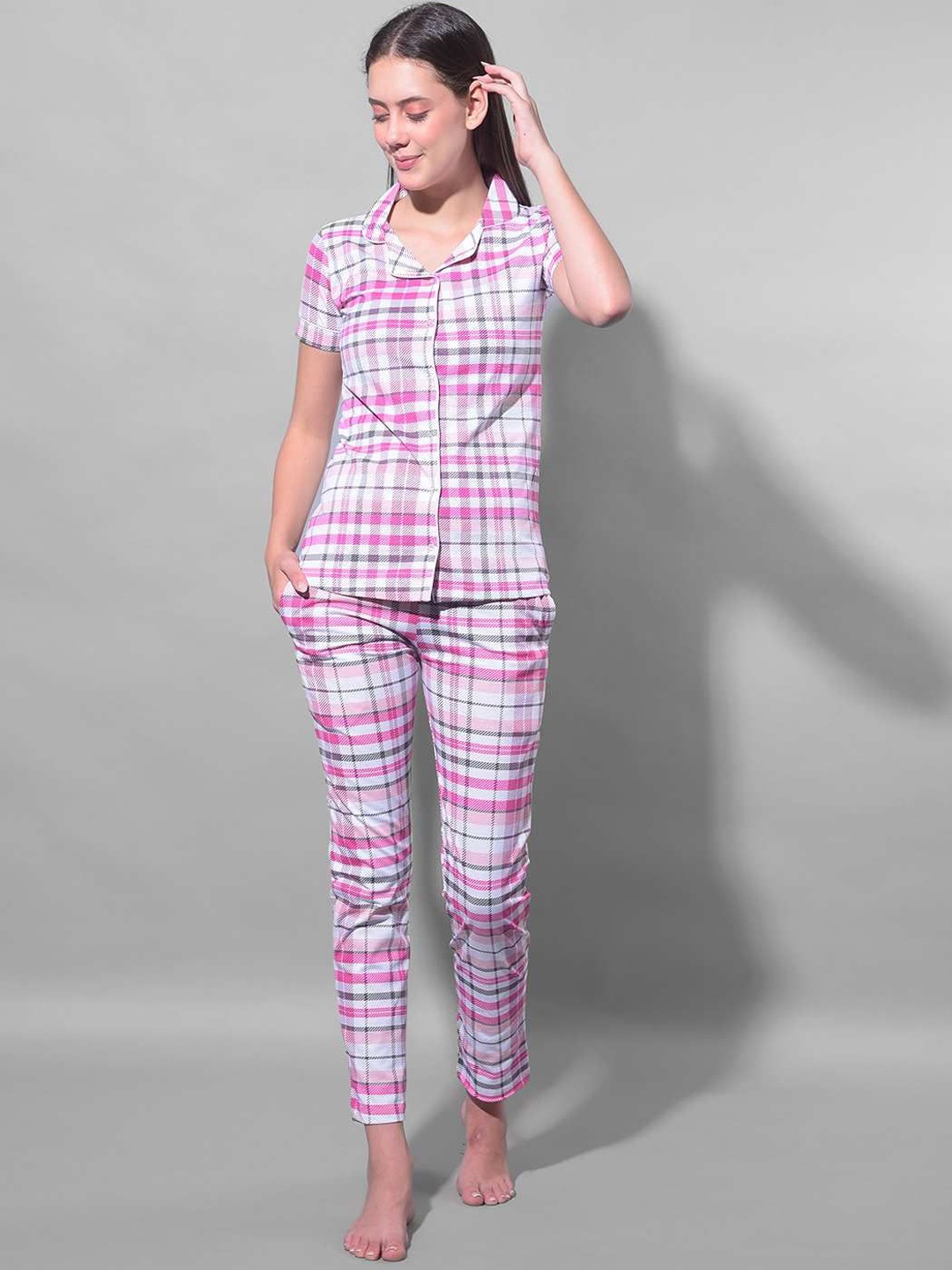 

Dollar Missy Lapel Collar Short Sleeves Printed Night suit, Pink
